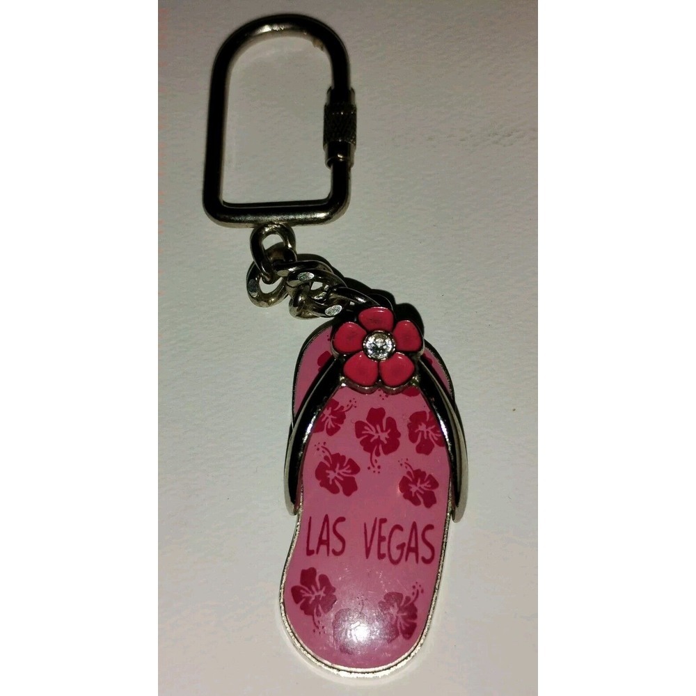 Vtg Flip-Flop‎ Keychain Las Vegas souvenir Keyring Pink flowers crystal metal